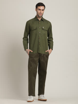 Olive Relaxed-Fit Shirt With Trousers Co-ord Set