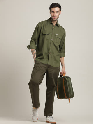 Olive Relaxed-Fit Shirt With Trousers Co-ord Set
