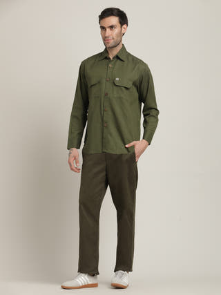 Olive Relaxed-Fit Shirt With Trousers Co-ord Set