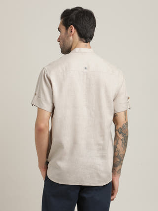 Grey Mandarin Collar Roll-Up Sleeves Shirt With Chinos Trousers Co-ord Set