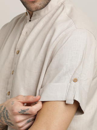 Grey Mandarin Collar Roll-Up Sleeves Shirt With Chinos Trousers Co-ord Set