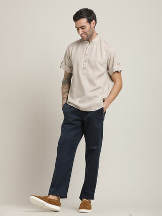 Grey Mandarin Collar Roll-Up Sleeves Shirt With Chinos Trousers Co-ord Set