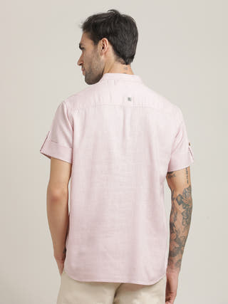 Pink Relaxed Band Collar Roll-Up Sleeves Kurta