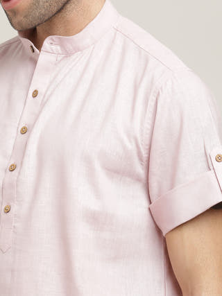 Pink Relaxed Band Collar Roll-Up Sleeves Kurta