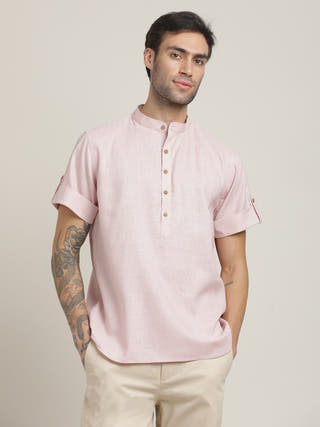 Pink Relaxed Band Collar Roll-Up Sleeves Kurta