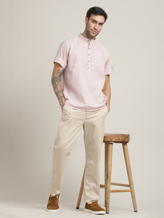 Pink Roll Up Sleeves Shirt Over-Shirt With Trousers Co-ord Set