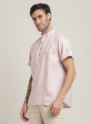 Pink Relaxed Band Collar Roll-Up Sleeves Kurta