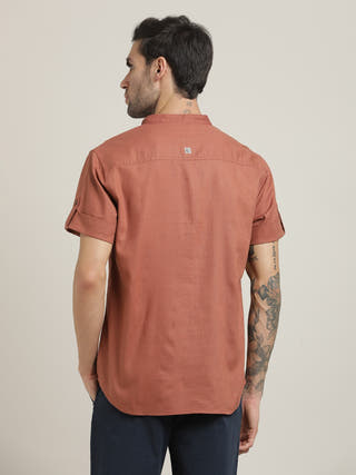 Orange Relaxed Band Collar Roll-Up Sleeves Kurta