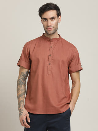 Orange Relaxed Band Collar Roll-Up Sleeves Kurta