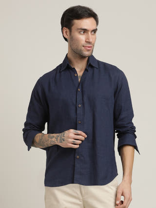 Navy Relaxed Semi-Spread Collar Casual Shirt