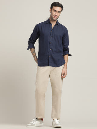 Navy Relaxed Semi-Spread Collar Casual Shirt