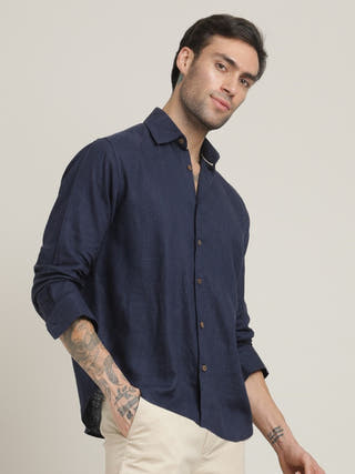 Navy Relaxed Semi-Spread Collar Casual Shirt