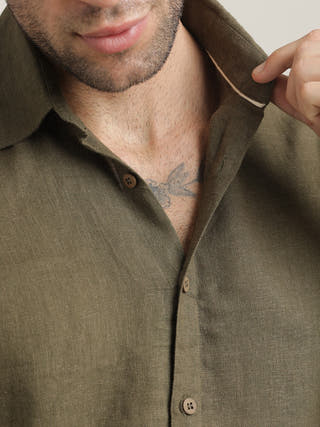 Olive Relaxed Semi-Spread Collar Relaxed Fit Casual Shirt