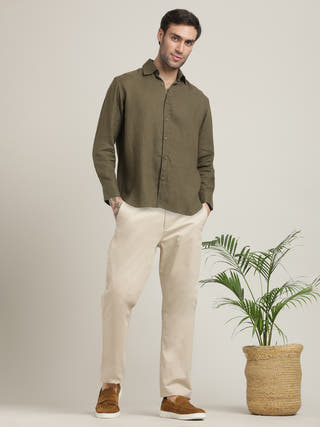 Olive Relaxed Semi-Spread Collar Relaxed Fit Casual Shirt