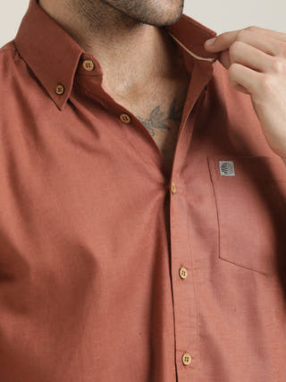 Button-Down Orange Shirt Relaxed Fit Formal Shirt with Cream Pant Co-ord Set