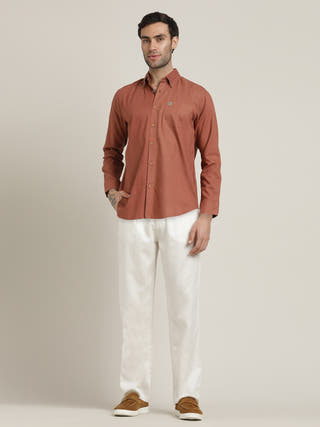 Button-Down Orange Shirt Relaxed Fit Formal Shirt with Cream Pant Co-ord Set