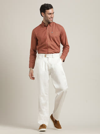 Button-Down Orange Shirt Relaxed Fit Formal Shirt with Cream Pant Co-ord Set