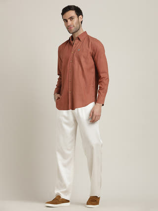 Button-Down Orange Shirt Relaxed Fit Formal Shirt with Cream Pant Co-ord Set