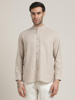 Grey Relaxed Band Collar Relaxed Fit Casual Shirt