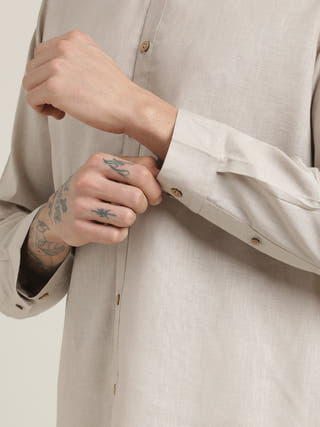 Grey Relaxed Band Collar Relaxed Fit Casual Shirt with Pant Co-ord Set