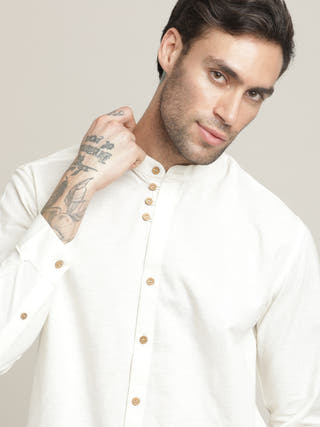 Cream Relaxed Band Collar Relaxed Fit Casual Shirt