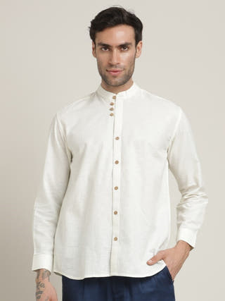 Cream Relaxed Band Collar Relaxed Fit Casual Shirt