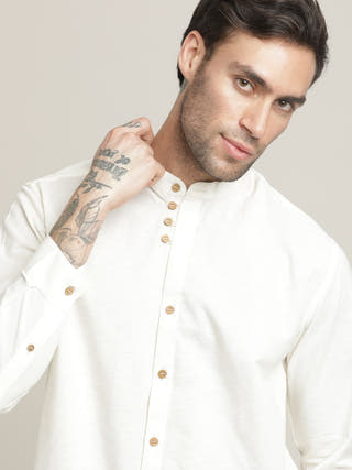 Cream Relaxed Band Collar Relaxed Fit Casual Shirt with Pant Co-ord Set