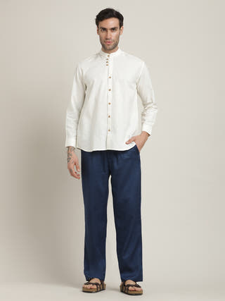 Cream Relaxed Band Collar Relaxed Fit Casual Shirt with Pant Co-ord Set