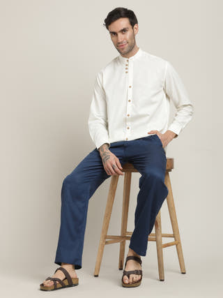 Cream Relaxed Band Collar Relaxed Fit Casual Shirt with Pant Co-ord Set