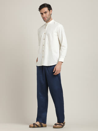 Cream Relaxed Band Collar Relaxed Fit Casual Shirt with Pant Co-ord Set