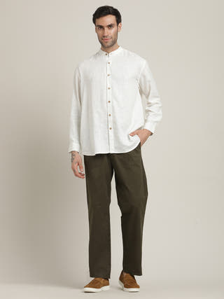 Cream Relaxed Fit Casual Shirt with Olive Chinos Co-ord Set