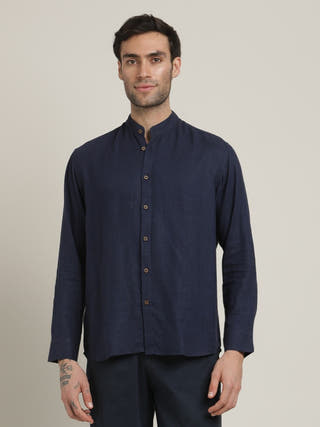 Navy Relaxed Band Collar Relaxed Fit Casual Shirt