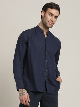 Navy Relaxed Band Collar Relaxed Fit Casual Shirt