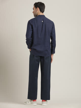 Navy Relaxed Band Collar Relaxed Fit Casual Shirt with Pant Co-ord Set