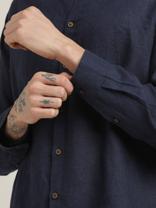 Navy Relaxed Band Collar Relaxed Fit Casual Shirt with Pant Co-ord Set