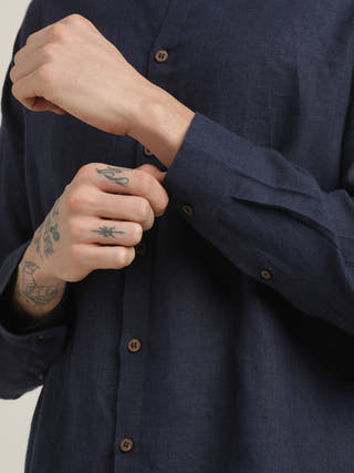 Navy Relaxed Band Collar Relaxed Fit Casual Shirt