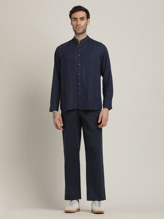 Navy Relaxed Band Collar Relaxed Fit Casual Shirt with Pant Co-ord Set
