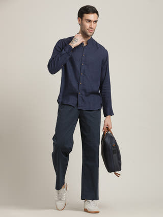 Navy Relaxed Band Collar Relaxed Fit Casual Shirt with Pant Co-ord Set