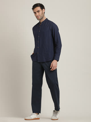 Navy Relaxed Band Collar Relaxed Fit Casual Shirt with Pant Co-ord Set