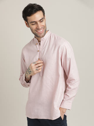 Pink Relaxed Mandarin Collar Relaxed Fit Casual Shirt