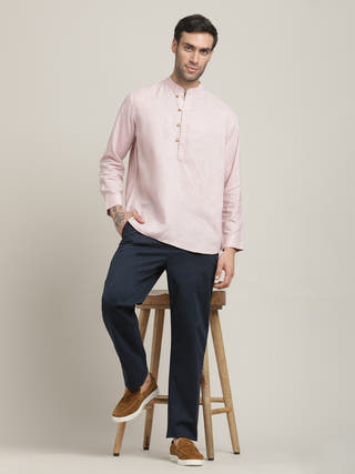 Pink Mandarin Collar Shirt With Trousers Co-ord Set