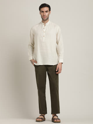 Beige mandarin Collar Shirt With Trousers Co-ord Set