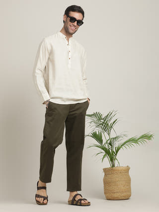 Beige mandarin Collar Shirt With Trousers Co-ord Set