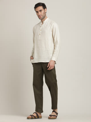 Beige mandarin Collar Shirt With Trousers Co-ord Set