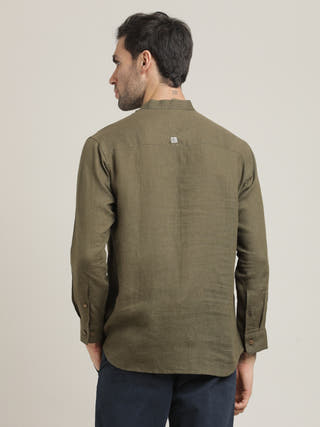 Olive Mandarin Collar Shirt With Trousers Co-ord Set