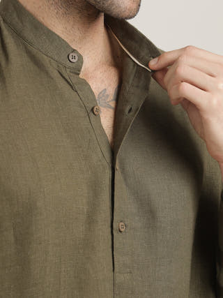 Olive Mandarin Collar Shirt With Trousers Co-ord Set
