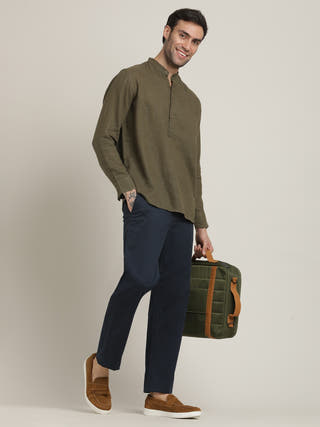 Olive Mandarin Collar Shirt With Trousers Co-ord Set