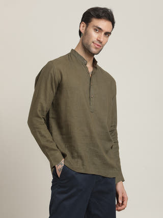 Olive Relaxed Band Collar Straight Kurta