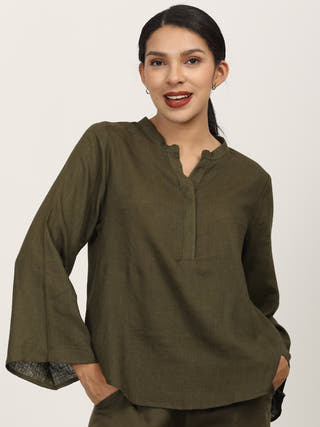 Olive Bell Sleeve Split V Neck Tunic Saltpetre Olive