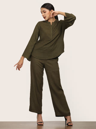 Olive Bell Sleeve Split V Neck Tunic Saltpetre Olive